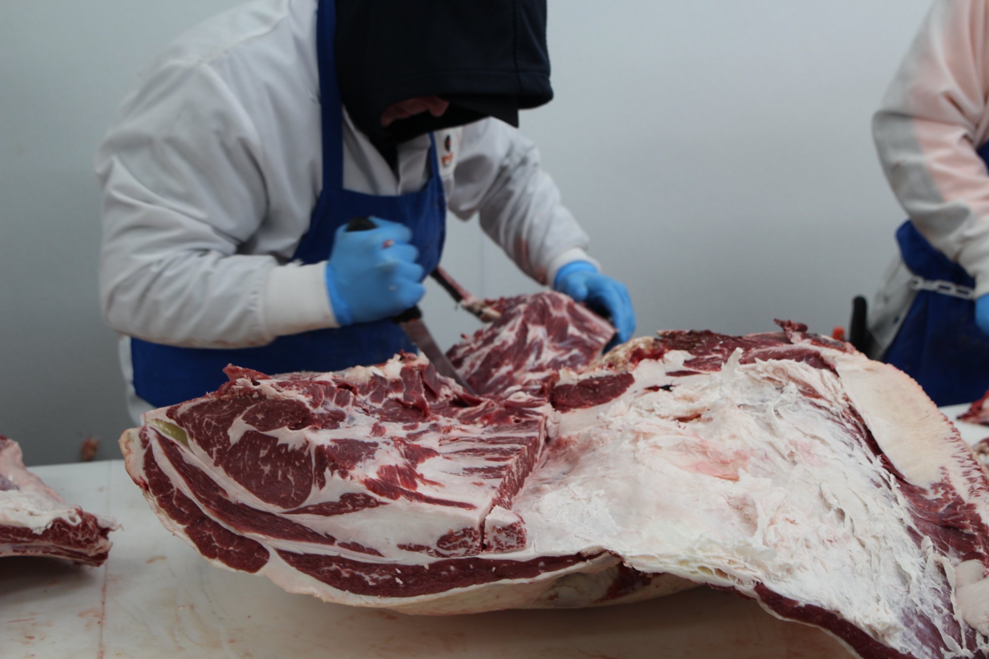 Hand cutting beef